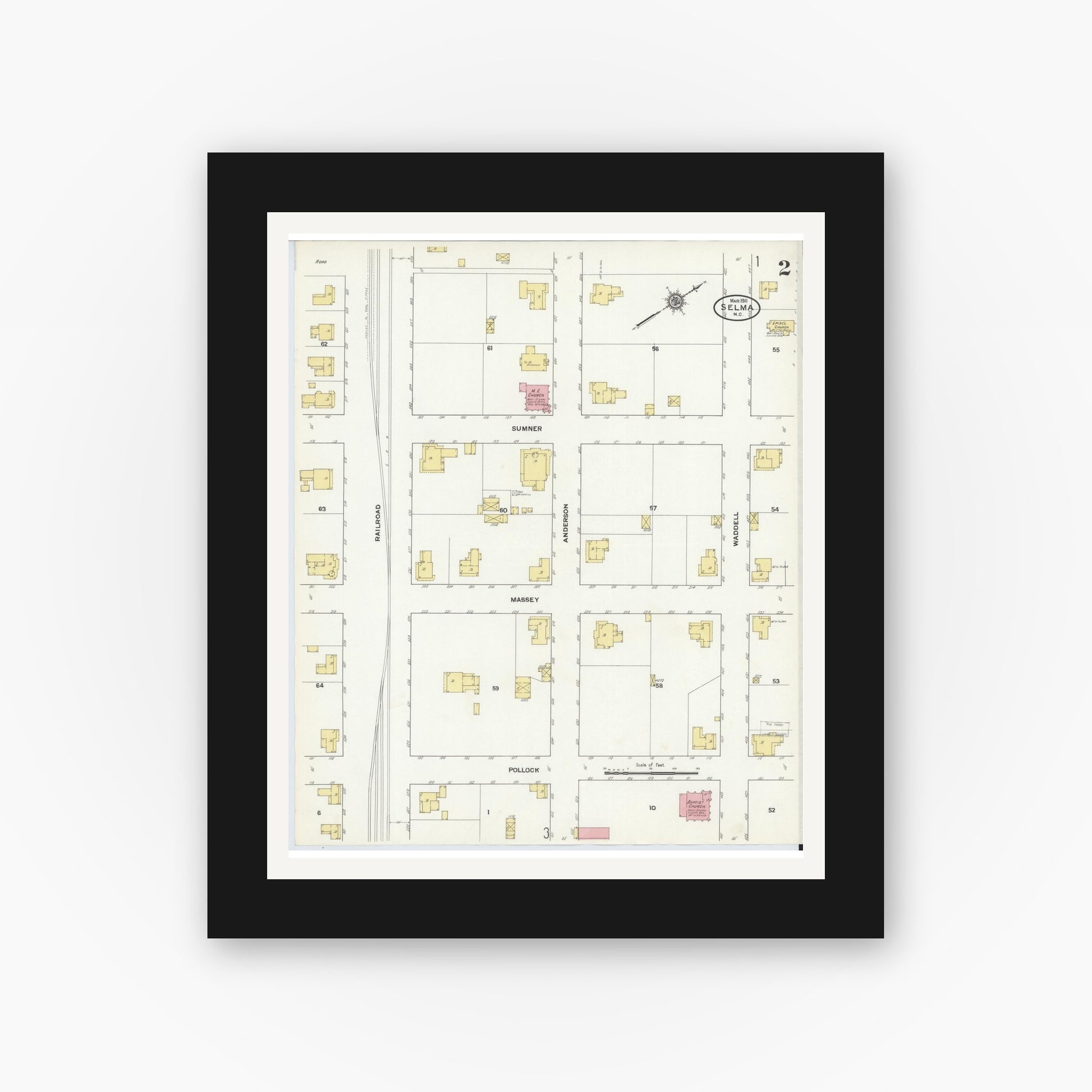 Old map wall art mockup — black gallery frame with white mat — Sanborn Fire Insurance Map from Selma, Johnston County, North Carolina (1911), Sheet #0002