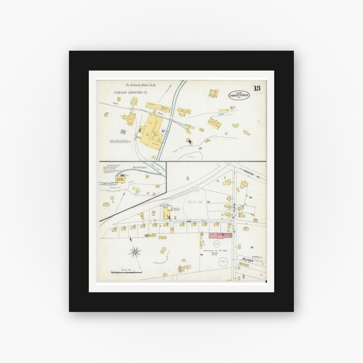 Old map wall art mockup — black gallery frame with white mat — Sanborn Fire Insurance Map from Charlottesville, Independent Cities, Virginia (1902), Sheet #0013