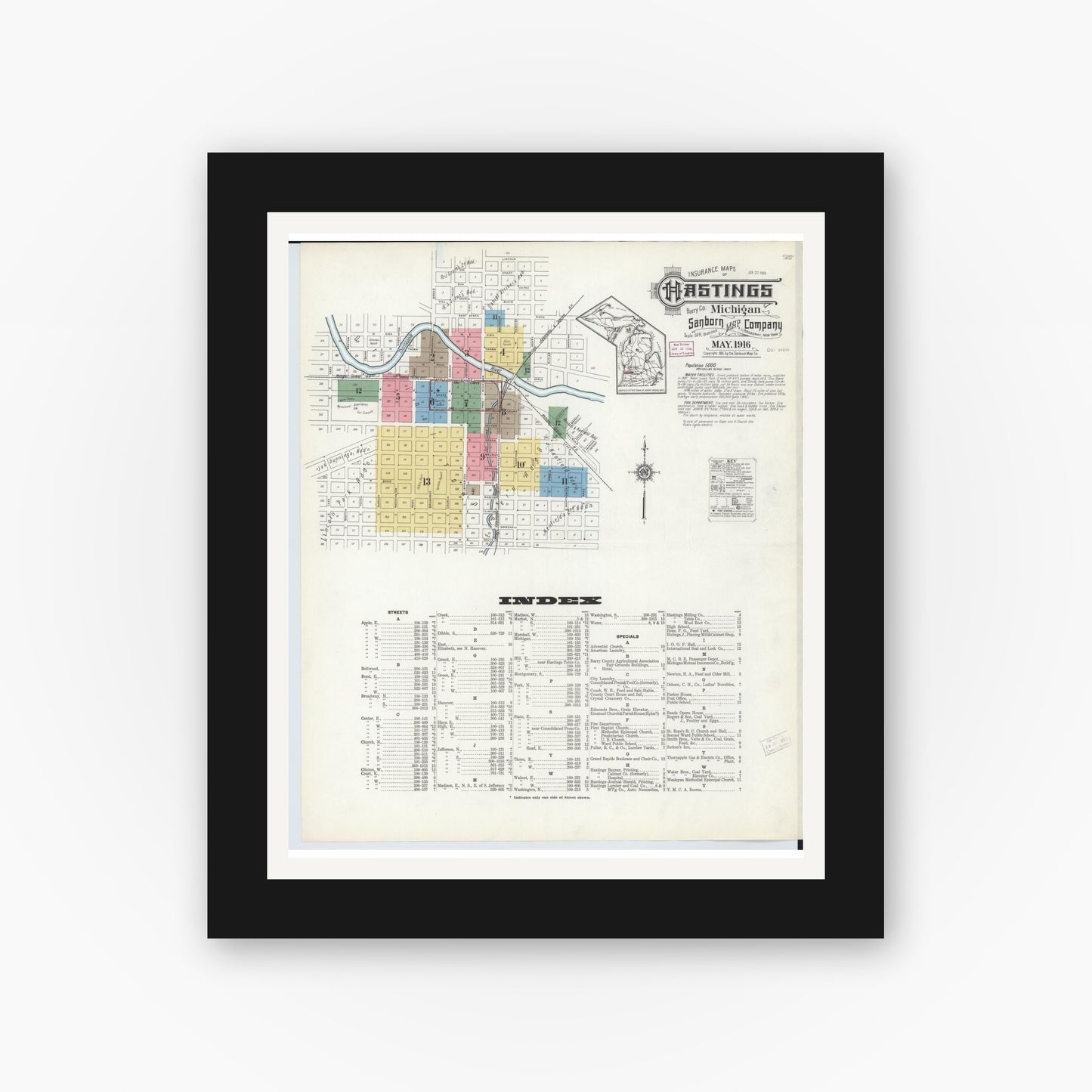Old map wall art mockup — black gallery frame with white mat — Sanborn Fire Insurance Map from Hastings, Barry County, Michigan (1916) - Complete Map Set