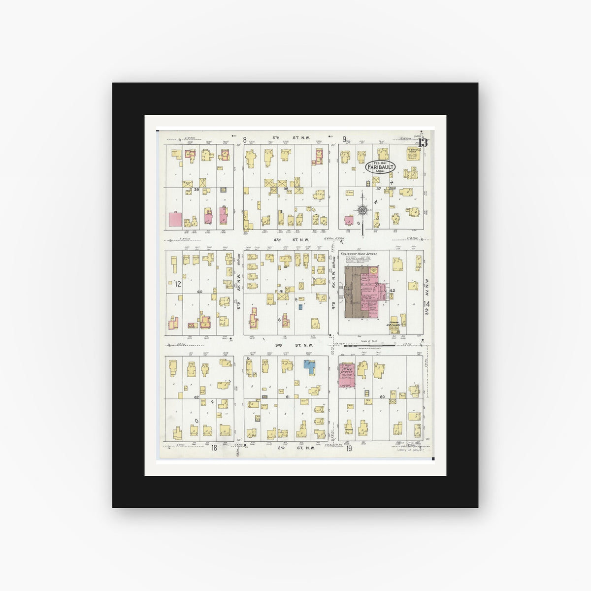 Old map wall art mockup — black gallery frame with white mat — Sanborn Fire Insurance Map from Faribault, Rice County, Minnesota (1921), Sheet #0013