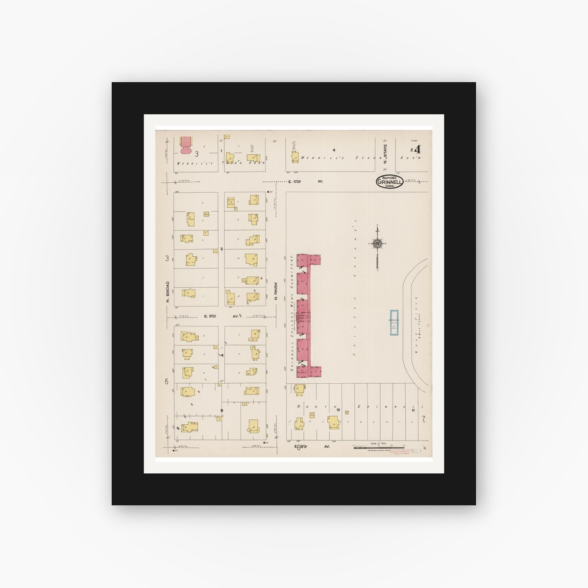 Old map wall art mockup — black gallery frame with white mat — Sanborn Fire Insurance Map from Grinnell, Poweshiek County, Iowa (1922), Sheet #0004