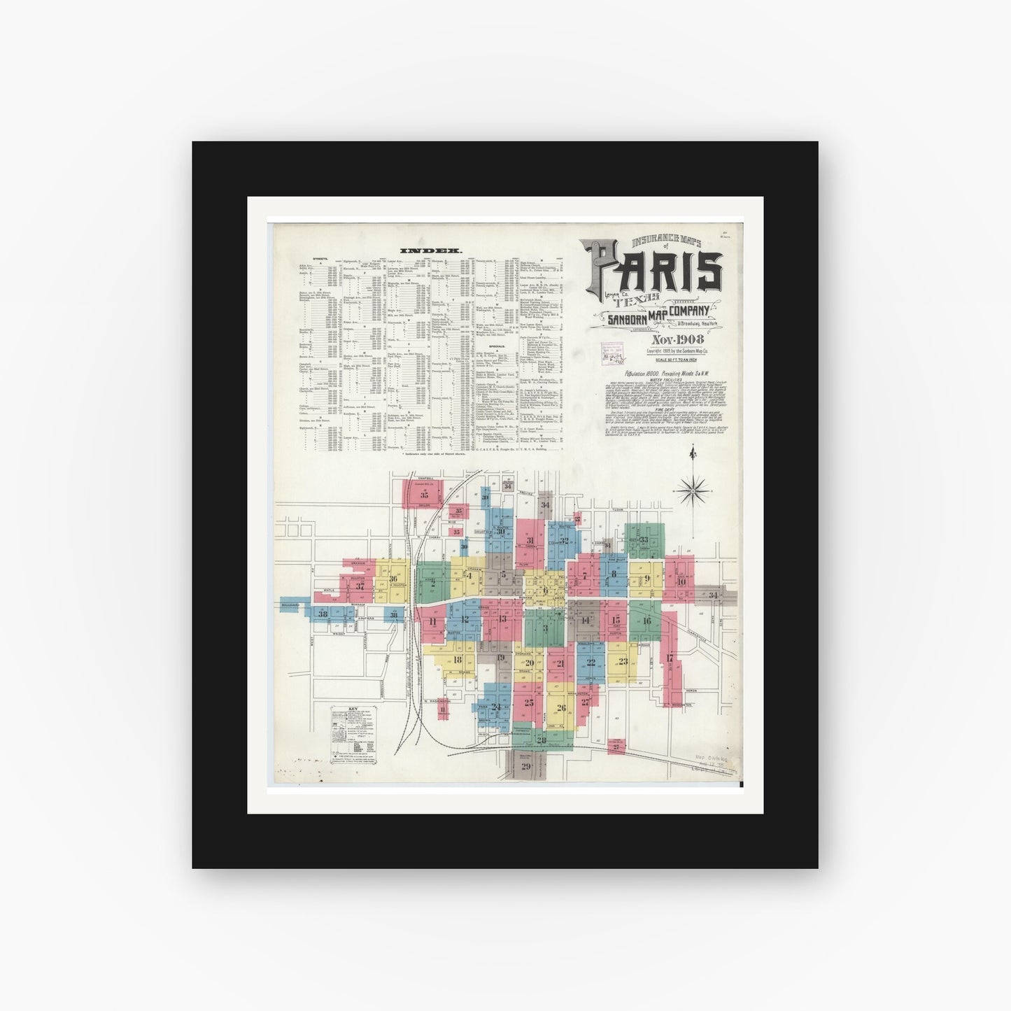 Old map wall art mockup — black gallery frame with white mat — Sanborn Fire Insurance Map from Paris, Lamar County, Texas (1908) - Complete Map Set