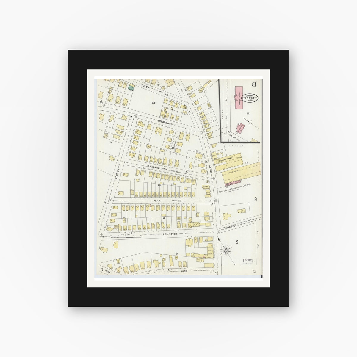 Old map wall art mockup — black gallery frame with white mat — Sanborn Fire Insurance Map from Everett, Middlesex County, Massachusetts (1897), Sheet #0008