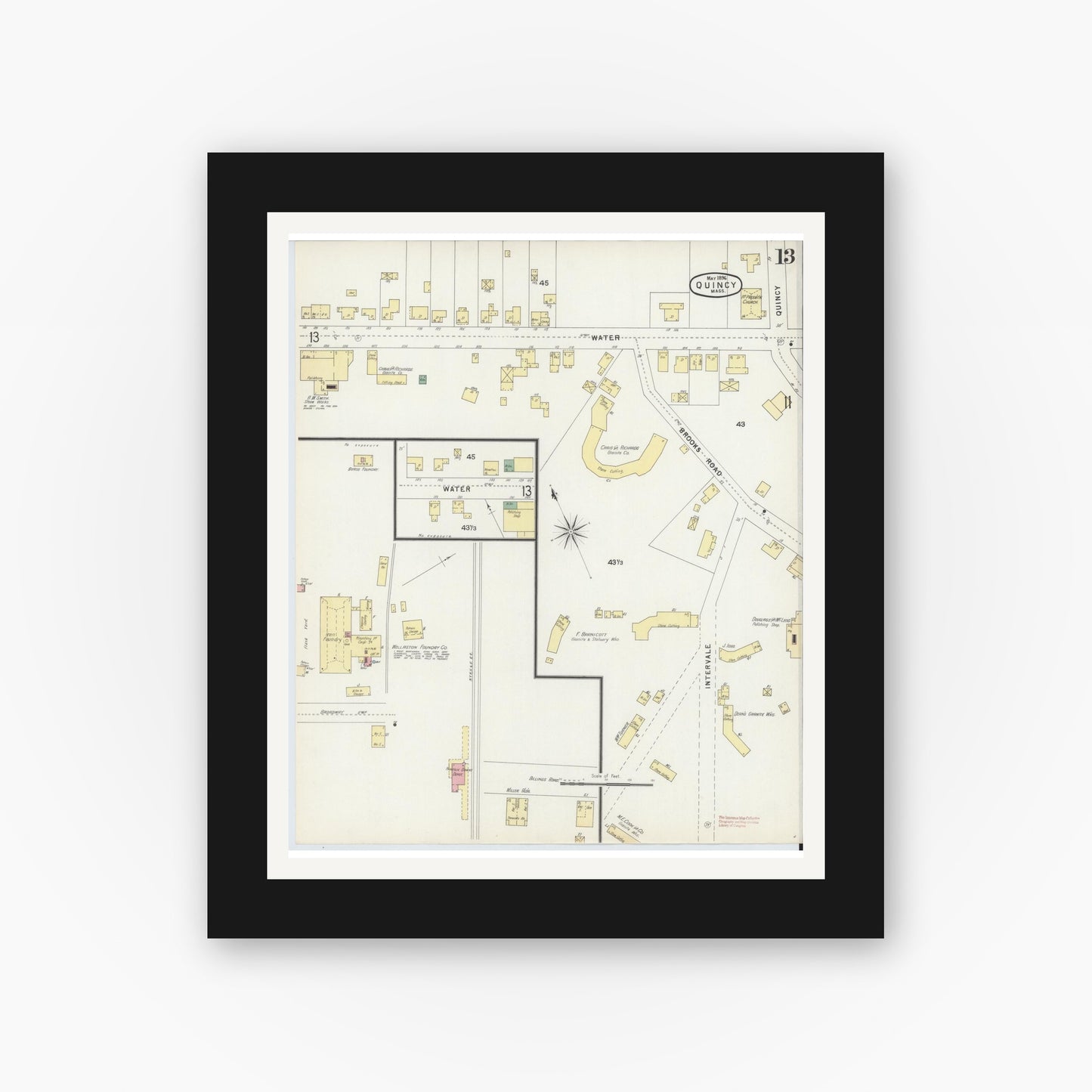 Old map wall art mockup — black gallery frame with white mat — Sanborn Fire Insurance Map from Quincy, Norfolk County, Massachusetts (1896), Sheet #0013