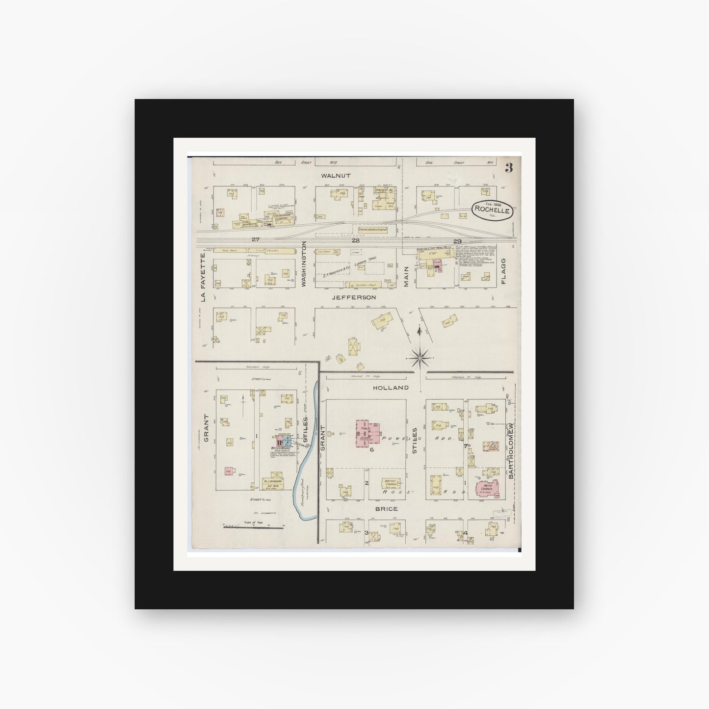 Old map wall art mockup — black gallery frame with white mat — Sanborn Fire Insurance Map from Rochelle, Ogle County, Illinois (1886), Sheet #0003