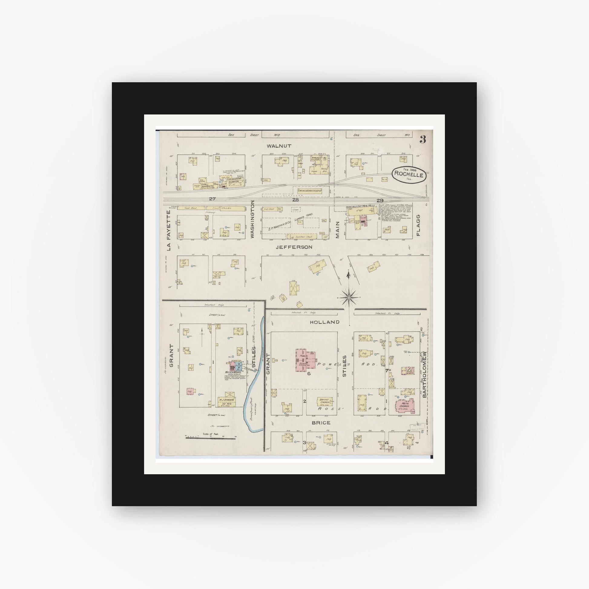 Old map wall art mockup — black gallery frame with white mat — Sanborn Fire Insurance Map from Rochelle, Ogle County, Illinois (1886), Sheet #0003