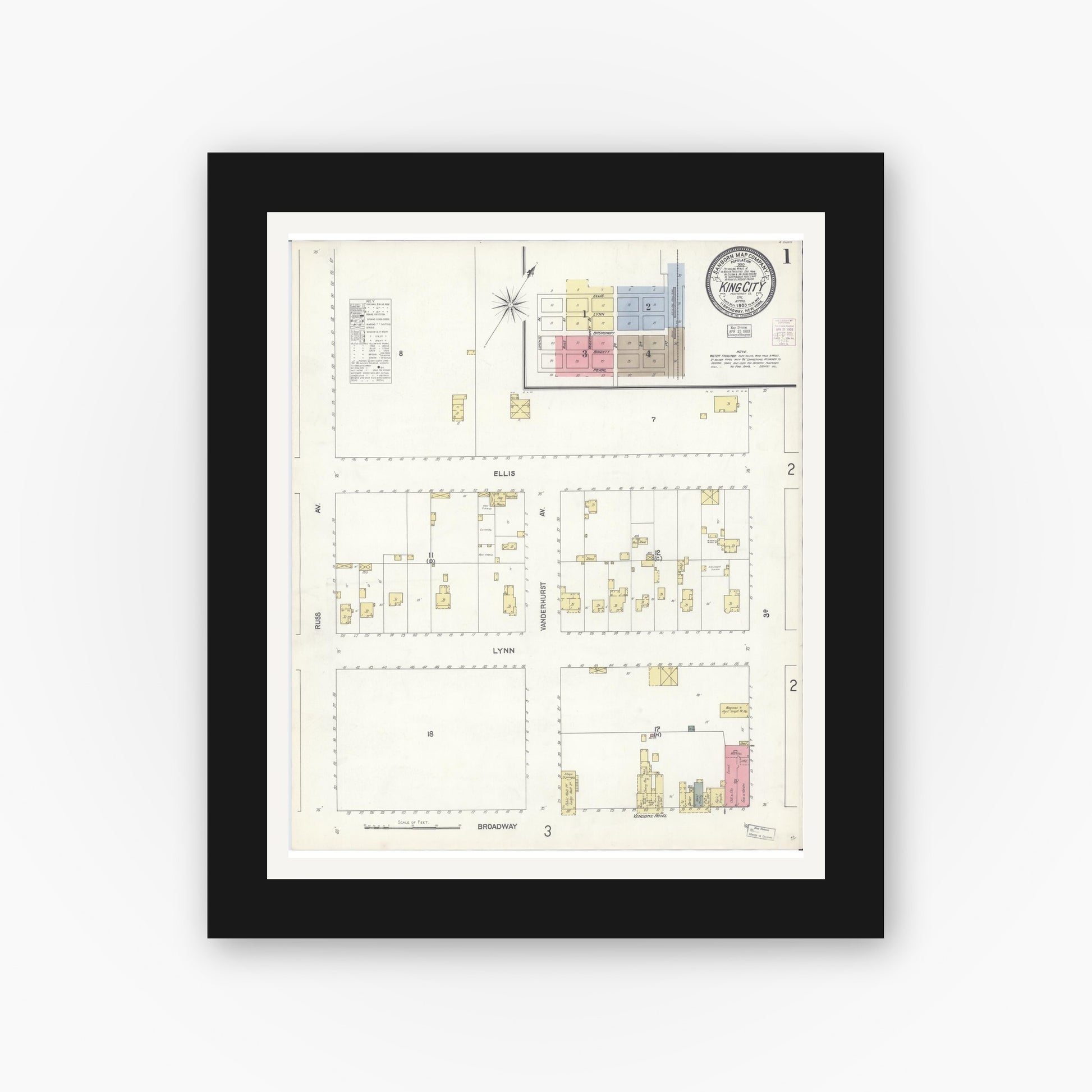 Old map wall art mockup — black gallery frame with white mat — Sanborn Fire Insurance Map from King City, Monterey County, California (1903), Sheet #0001