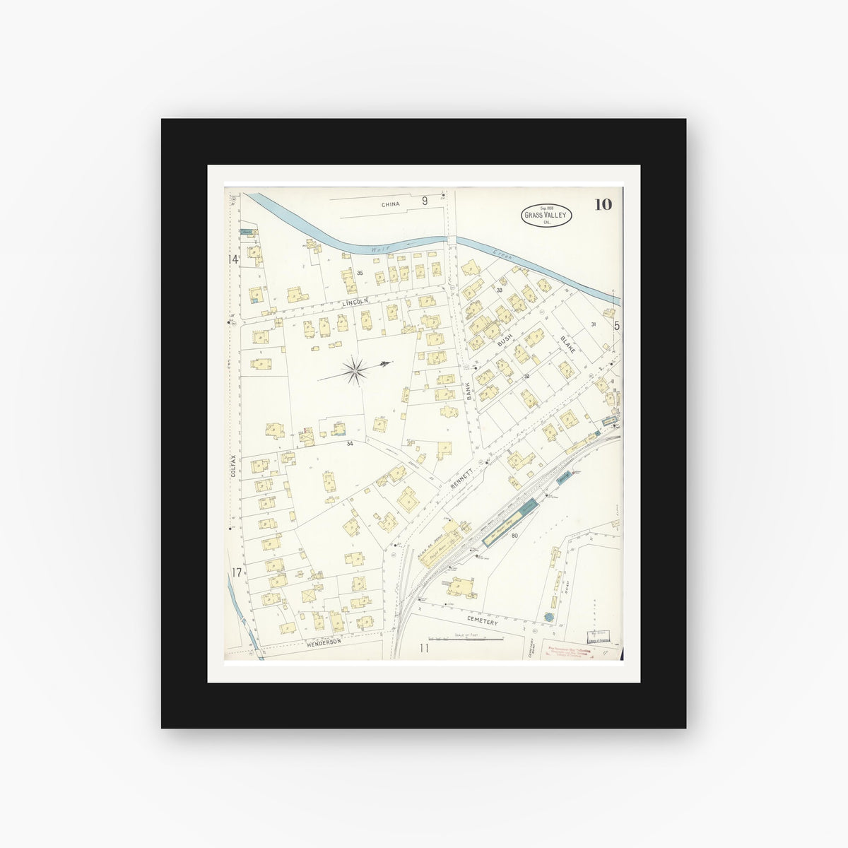 Old map wall art mockup — black gallery frame with white mat — Sanborn Fire Insurance Map from Grass Valley, Nevada County, California (1898), Sheet #0010