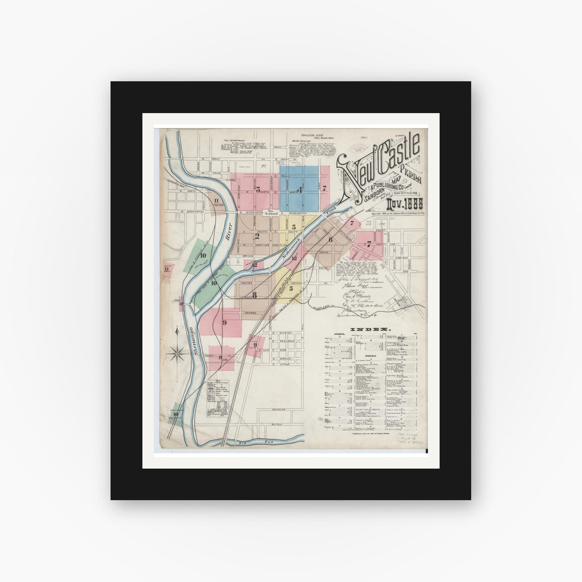 Old map wall art mockup — black gallery frame with white mat — Sanborn Fire Insurance Map from New Castle, Lawrence County, Pennsylvania (1888), Sheet #0001