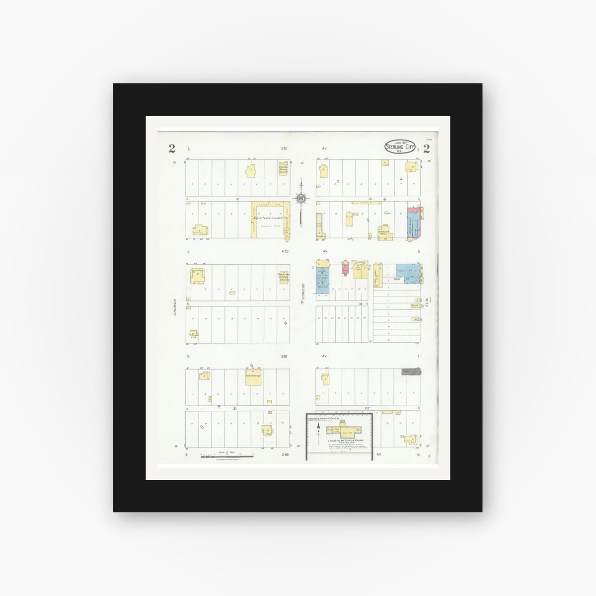 Old map wall art mockup — black gallery frame with white mat — Sanborn Fire Insurance Map from Sterling City, Sterling County, Texas (1927), Sheet #0002