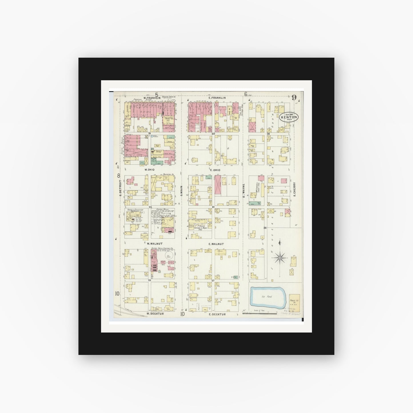 Old map wall art mockup — black gallery frame with white mat — Sanborn Fire Insurance Map from Kenton, Hardin County, Ohio (1897), Sheet #0009