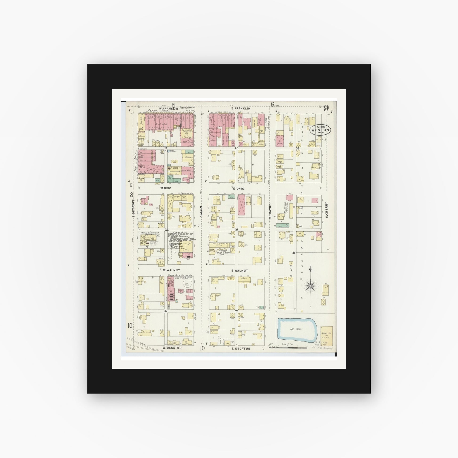 Old map wall art mockup — black gallery frame with white mat — Sanborn Fire Insurance Map from Kenton, Hardin County, Ohio (1897), Sheet #0009