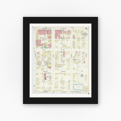 Old map wall art mockup — black gallery frame with white mat — Sanborn Fire Insurance Map from Kenton, Hardin County, Ohio (1897), Sheet #0009