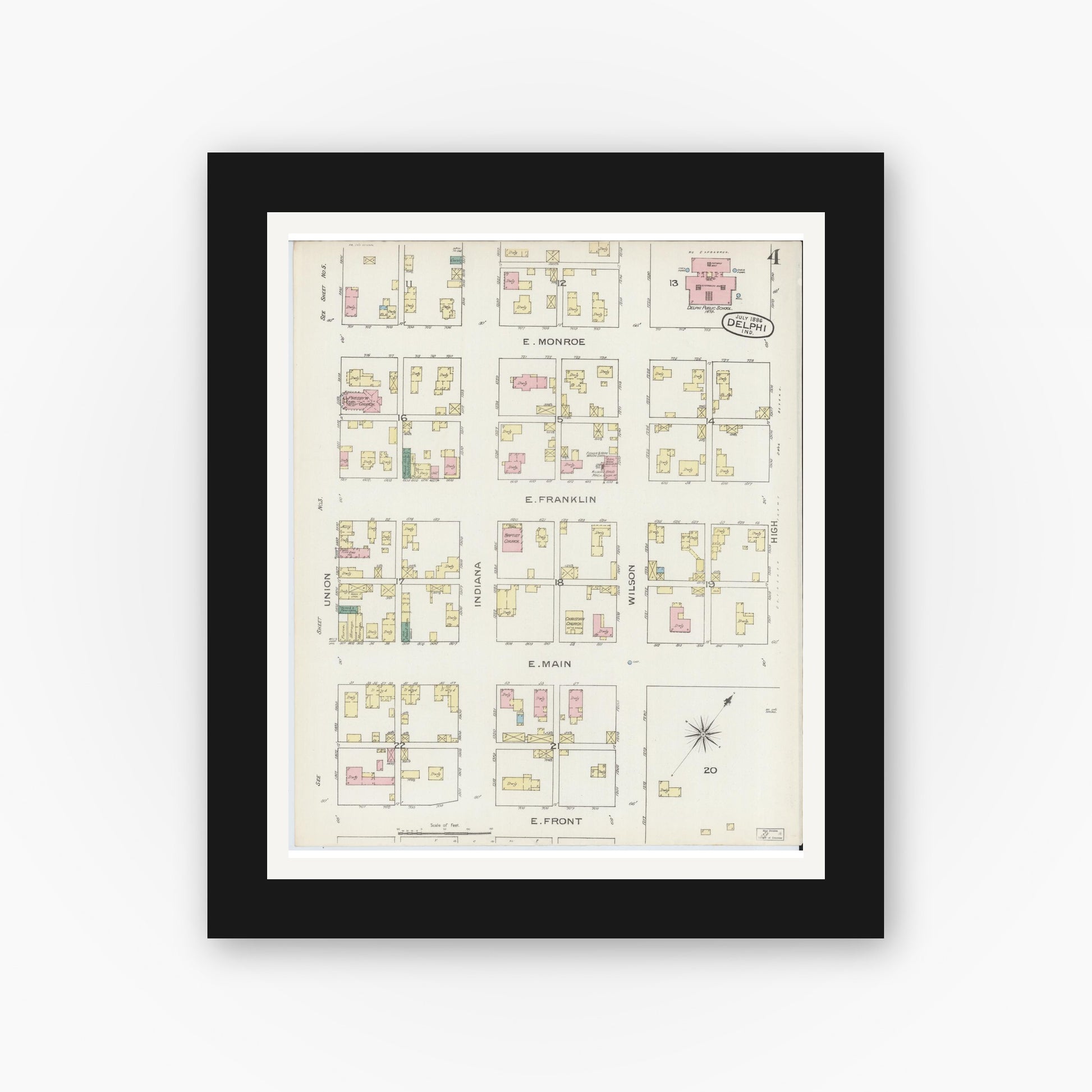 Old map wall art mockup — black gallery frame with white mat — Sanborn Fire Insurance Map from Delphi, Carroll County, Indiana (1886), Sheet #0004