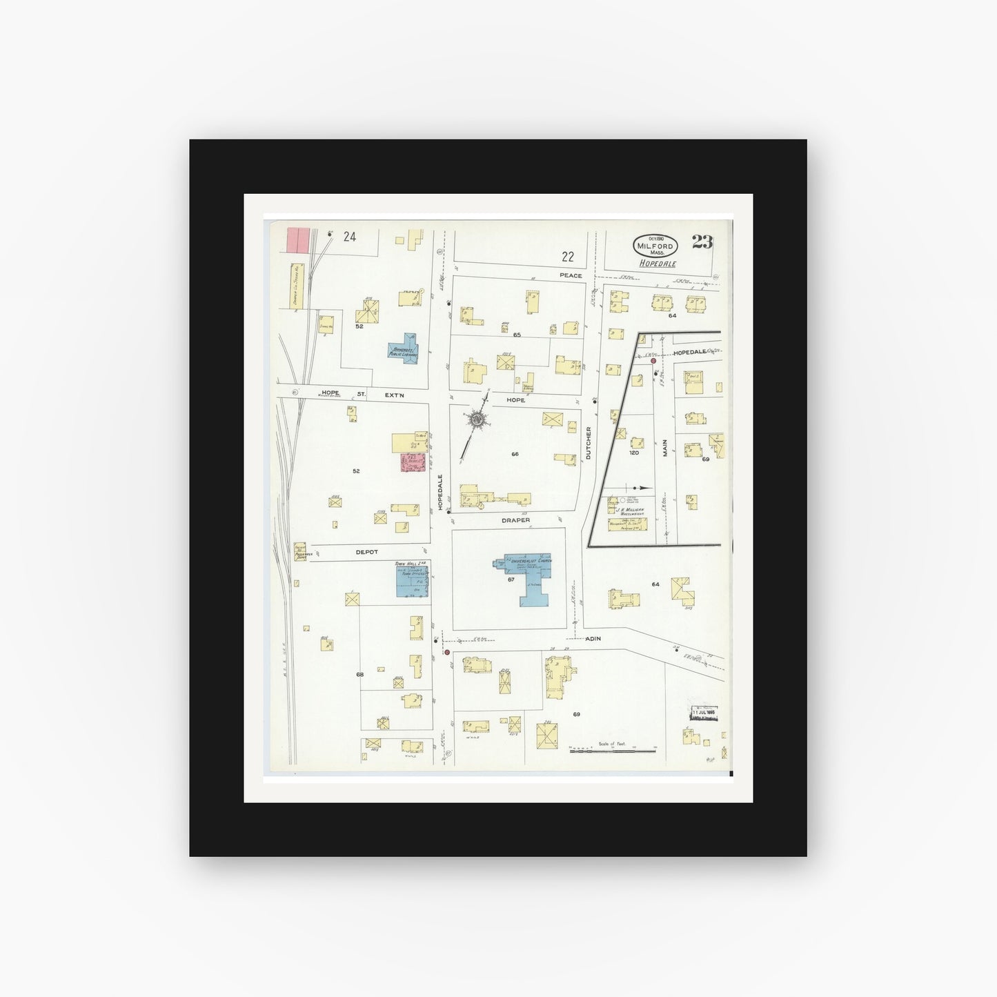 Old map wall art mockup — black gallery frame with white mat — Sanborn Fire Insurance Map from Milford, Worcester County, Massachusetts (1910), Sheet #0023