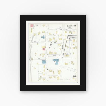 Old map wall art mockup — black gallery frame with white mat — Sanborn Fire Insurance Map from Milford, Worcester County, Massachusetts (1910), Sheet #0023