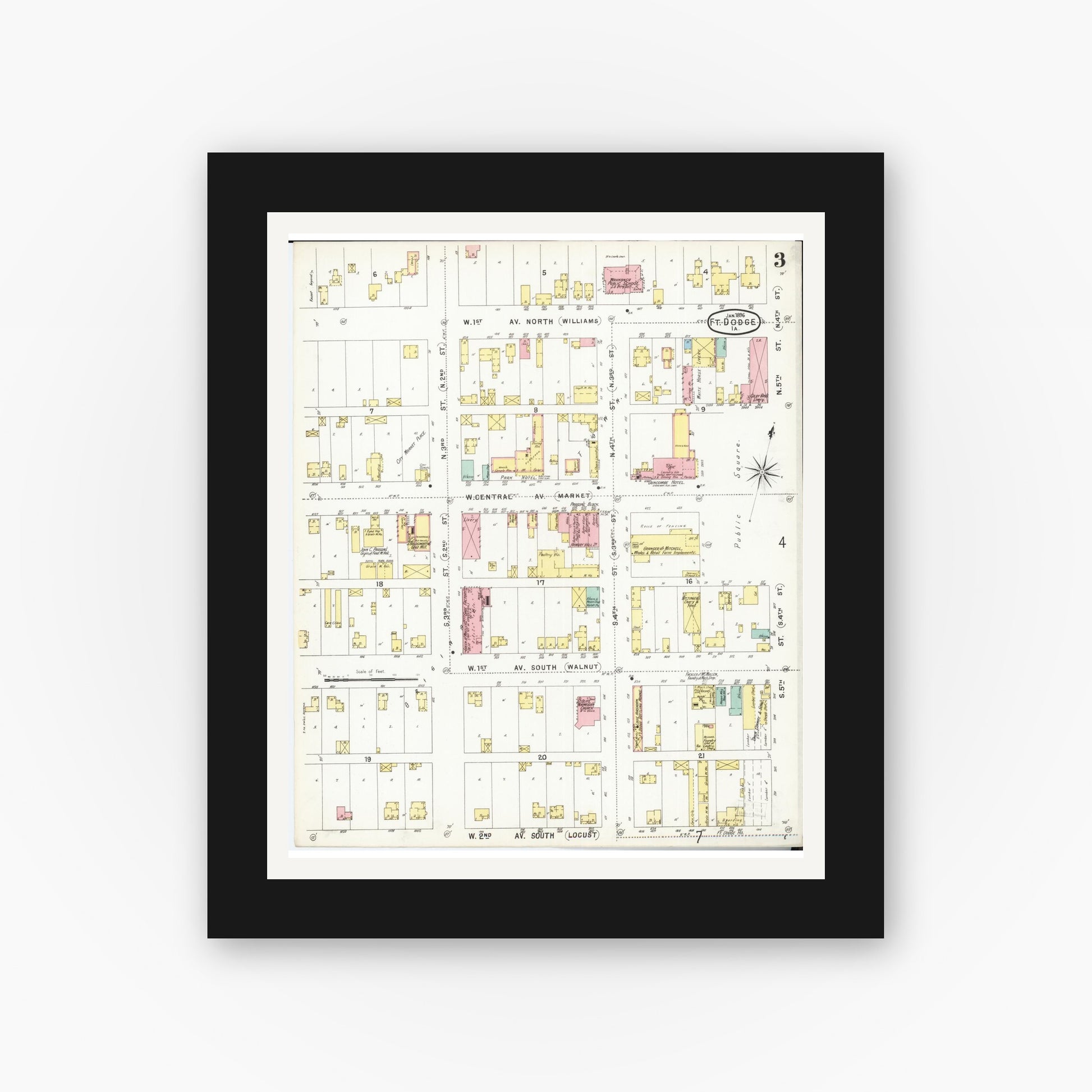 Old map wall art mockup — black gallery frame with white mat — Sanborn Fire Insurance Map from Fort Dodge, Webster County, Iowa (1896), Sheet #0003