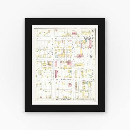 Old map wall art mockup — black gallery frame with white mat — Sanborn Fire Insurance Map from Fort Dodge, Webster County, Iowa (1896), Sheet #0003