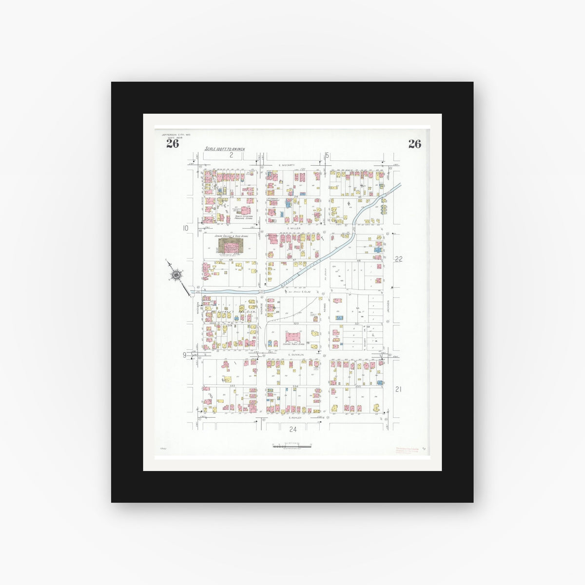 Old map wall art mockup — black gallery frame with white mat — Sanborn Fire Insurance Map from Jefferson City, Cole County, Missouri (1939), Sheet #0026