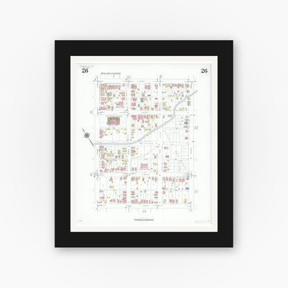 Old map wall art mockup — black gallery frame with white mat — Sanborn Fire Insurance Map from Jefferson City, Cole County, Missouri (1939), Sheet #0026