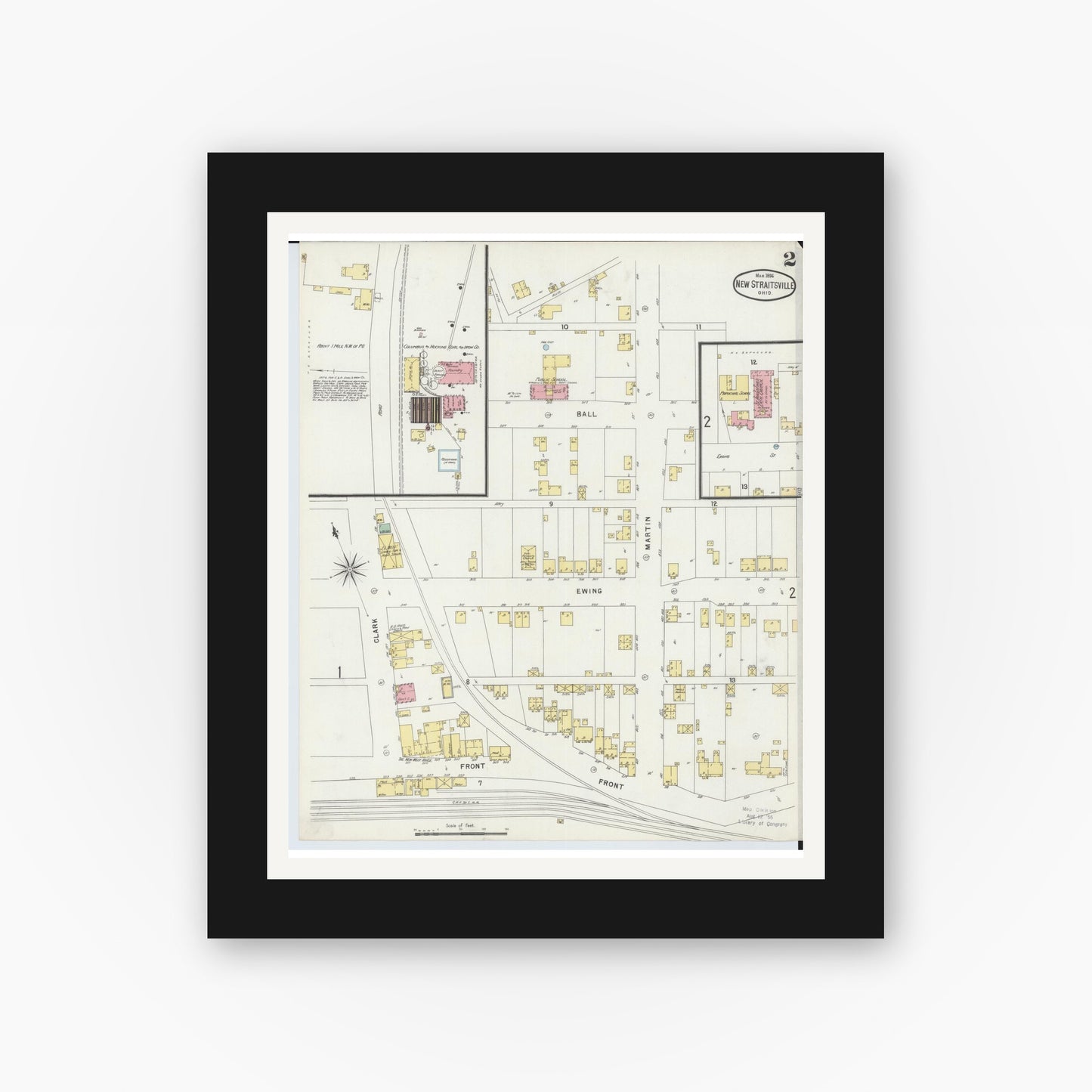 Old map wall art mockup — black gallery frame with white mat — Sanborn Fire Insurance Map from New Straitsville, Perry County, Ohio (1896), Sheet #0002