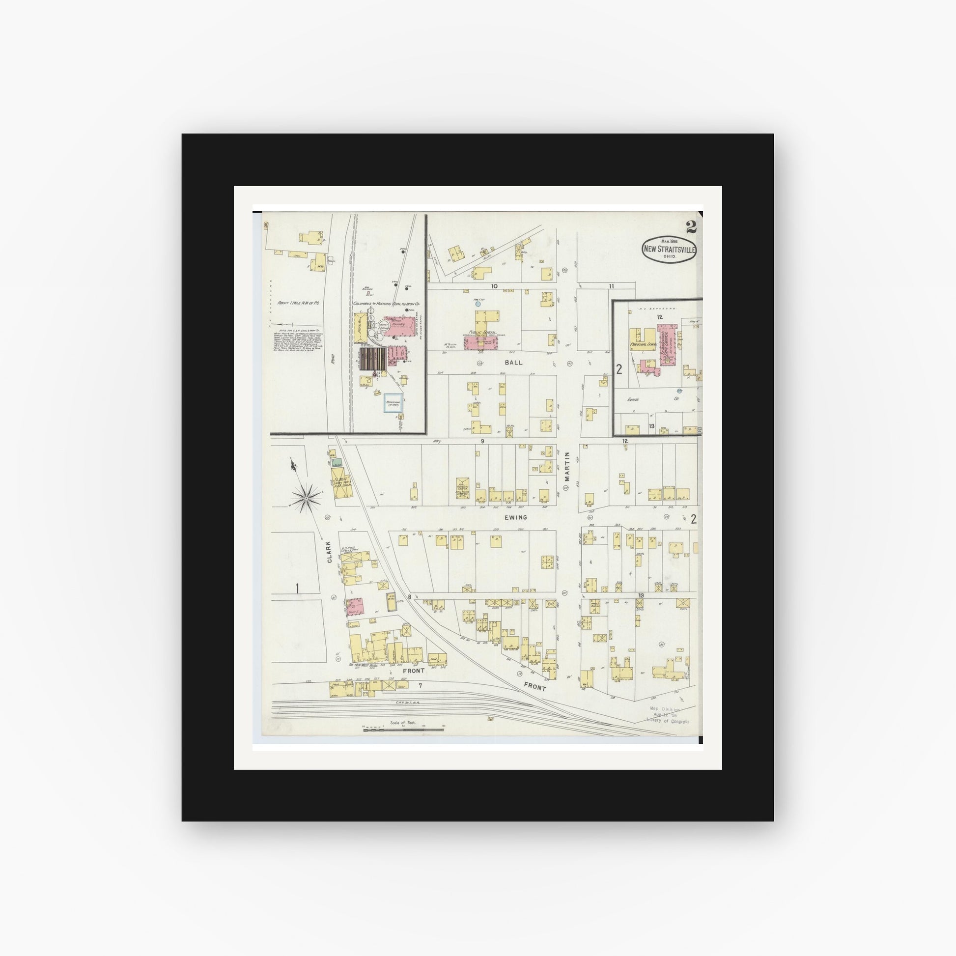 Old map wall art mockup — black gallery frame with white mat — Sanborn Fire Insurance Map from New Straitsville, Perry County, Ohio (1896), Sheet #0002