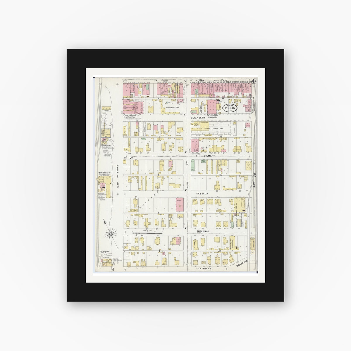 Old map wall art mockup — black gallery frame with white mat — Sanborn Fire Insurance Map from Pekin, Tazewell County, Illinois (1898), Sheet #0004