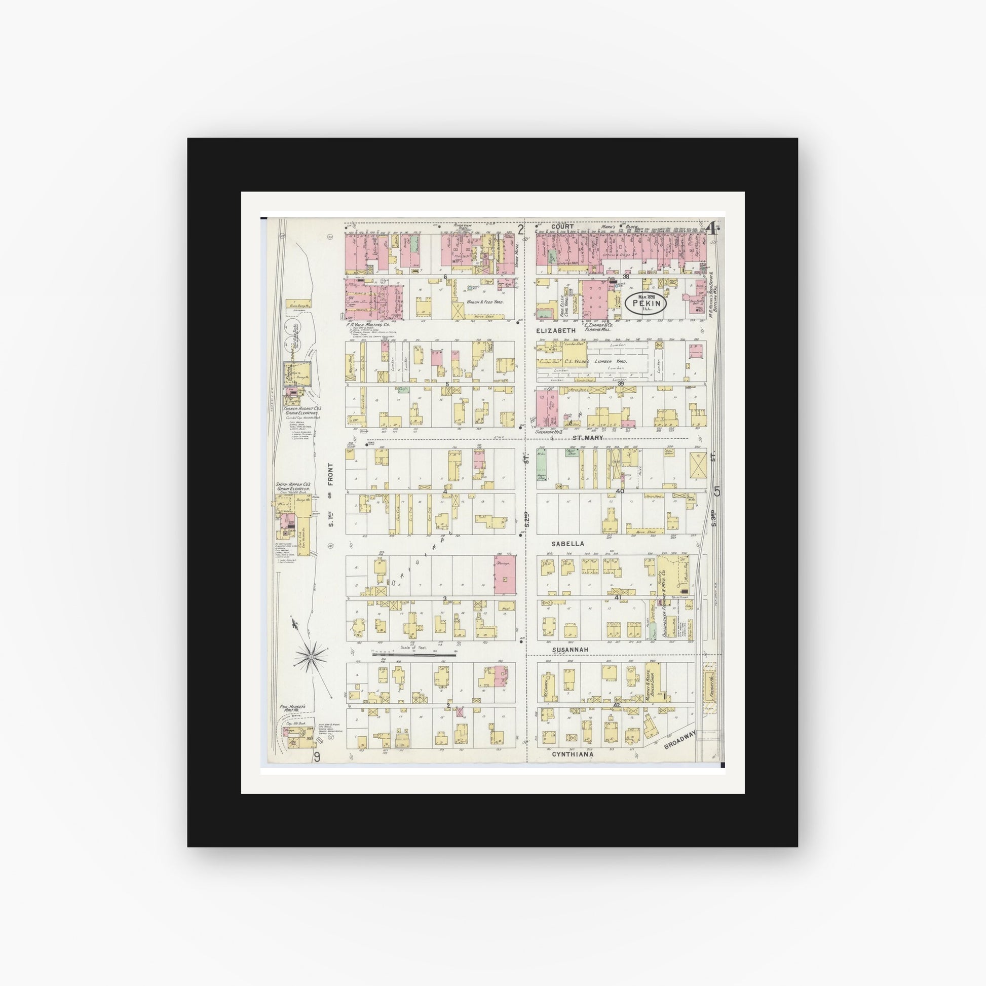 Old map wall art mockup — black gallery frame with white mat — Sanborn Fire Insurance Map from Pekin, Tazewell County, Illinois (1898), Sheet #0004
