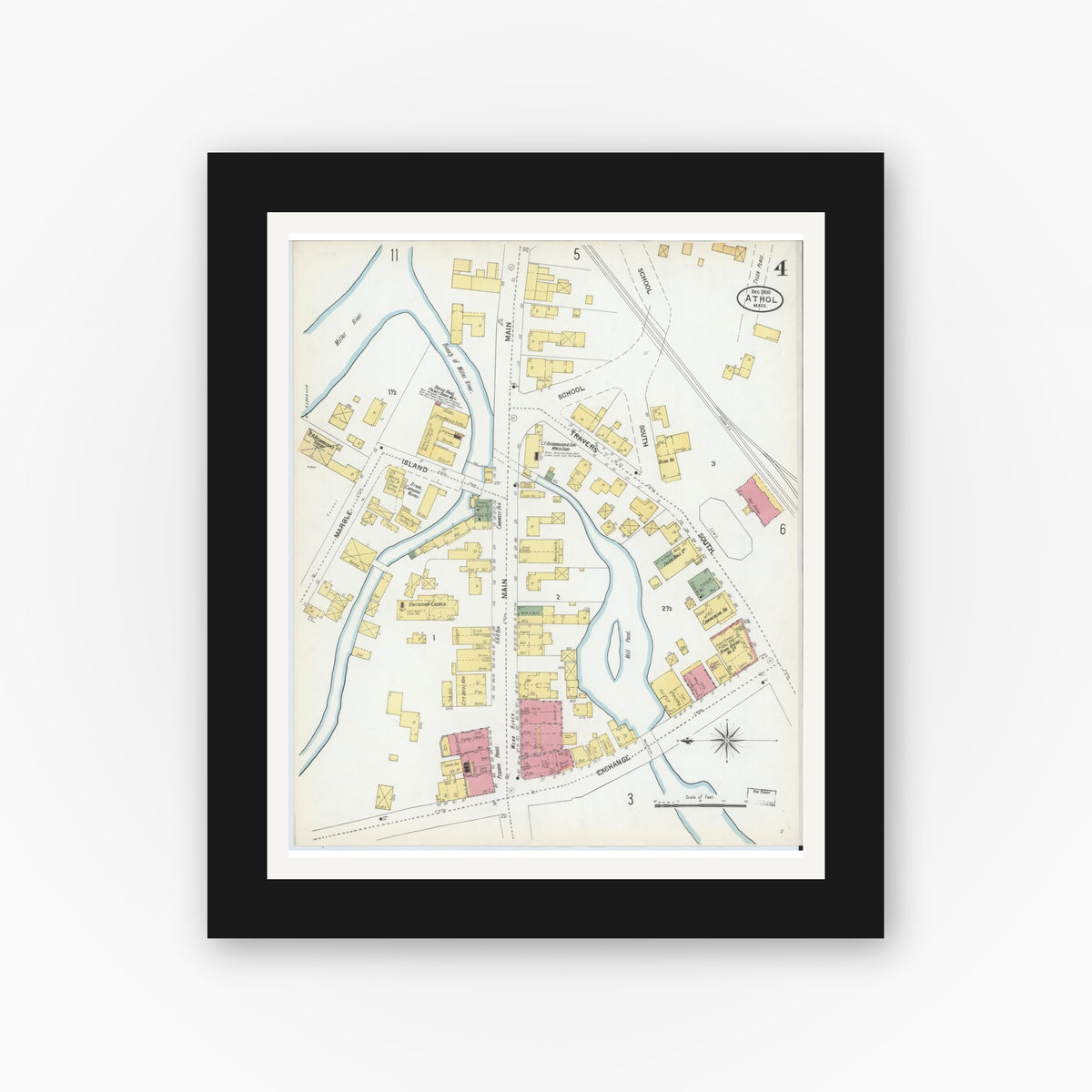 Old map wall art mockup — black gallery frame with white mat — Sanborn Fire Insurance Map from Athol, Worcester County, Massachusetts (1900), Sheet #0004