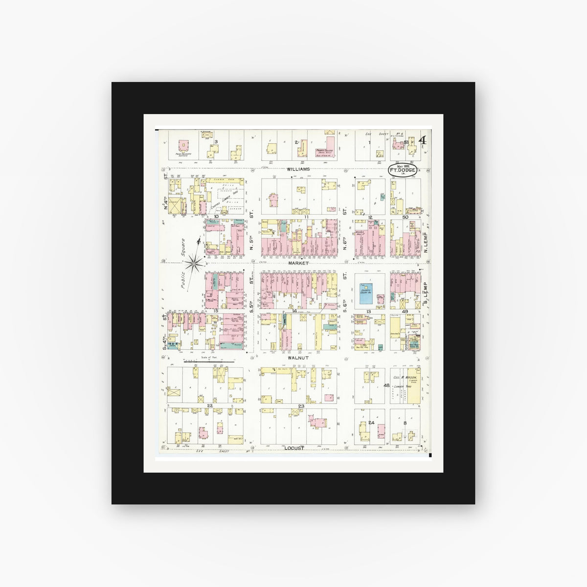 Old map wall art mockup — black gallery frame with white mat — Sanborn Fire Insurance Map from Fort Dodge, Webster County, Iowa (1892), Sheet #0004