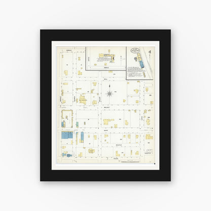 Old map wall art mockup — black gallery frame with white mat — Sanborn Fire Insurance Map from Decatur, Wise County, Texas (1907), Sheet #0004