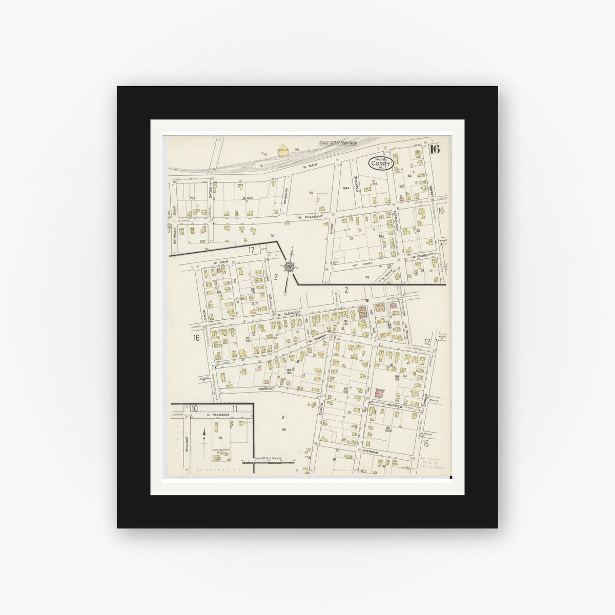 Old map wall art mockup — black gallery frame with white mat — Sanborn Fire Insurance Map from Corry, Erie County, Pennsylvania (1915), Sheet #0016