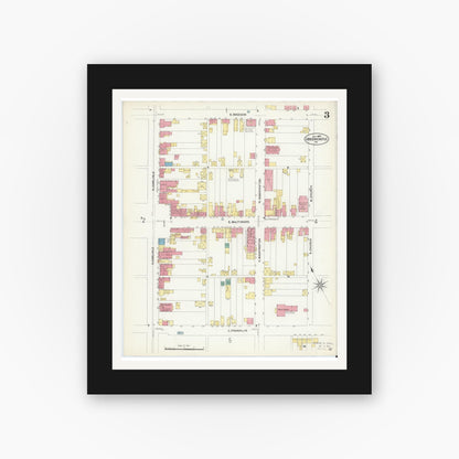 Old map wall art mockup — black gallery frame with white mat — Sanborn Fire Insurance Map from Greencastle, Franklin County, Pennsylvania (1907), Sheet #0003