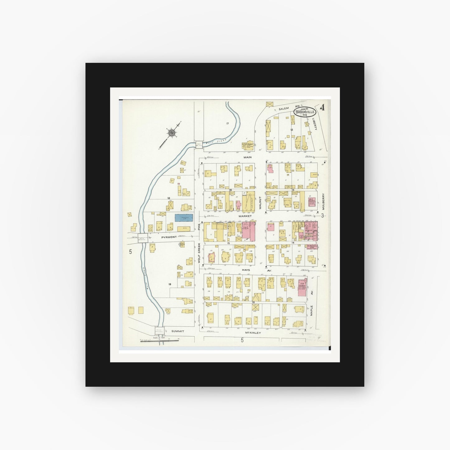Old map wall art mockup — black gallery frame with white mat — Sanborn Fire Insurance Map from Brookville, Montgomery County, Ohio (1911), Sheet #0004