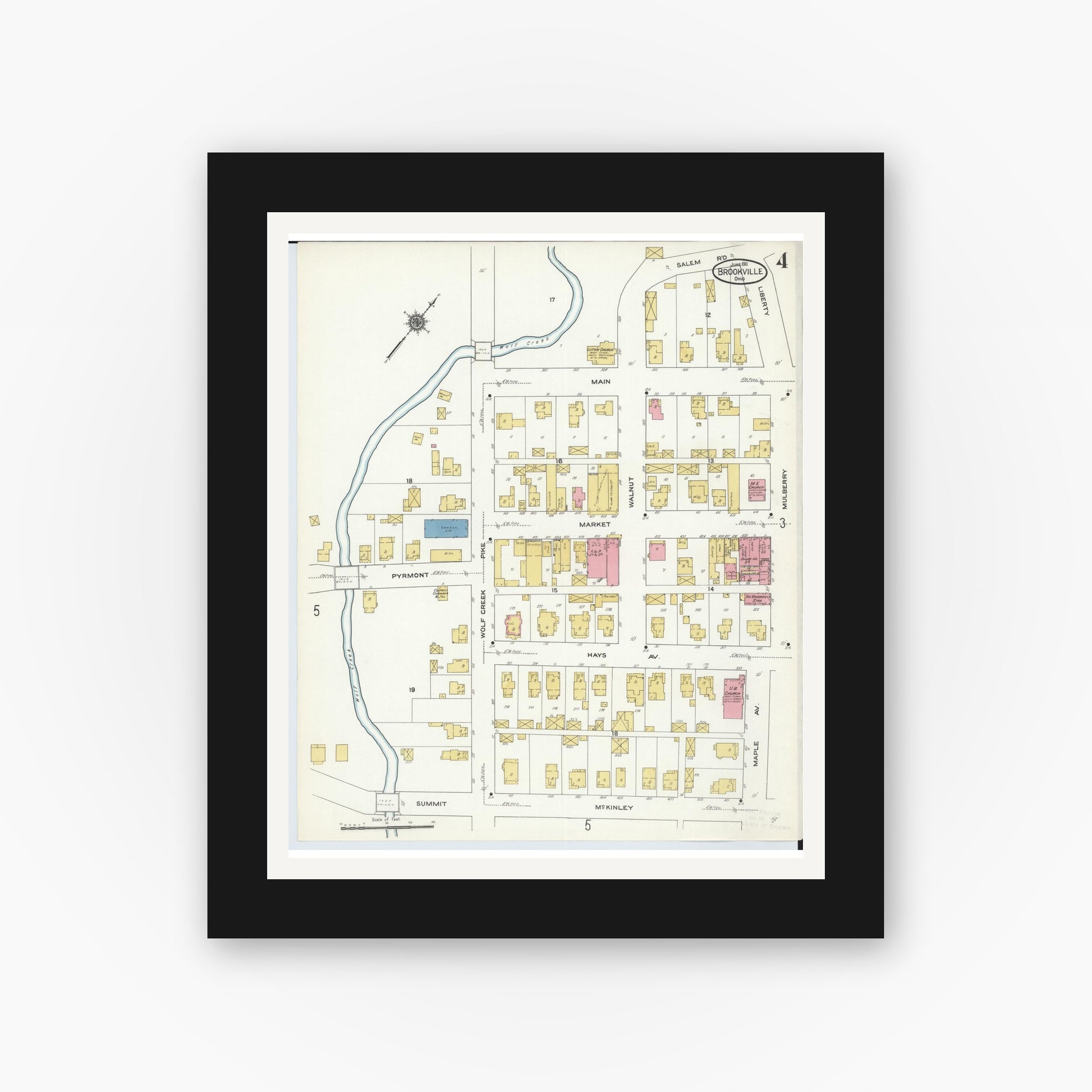 Old map wall art mockup — black gallery frame with white mat — Sanborn Fire Insurance Map from Brookville, Montgomery County, Ohio (1911), Sheet #0004
