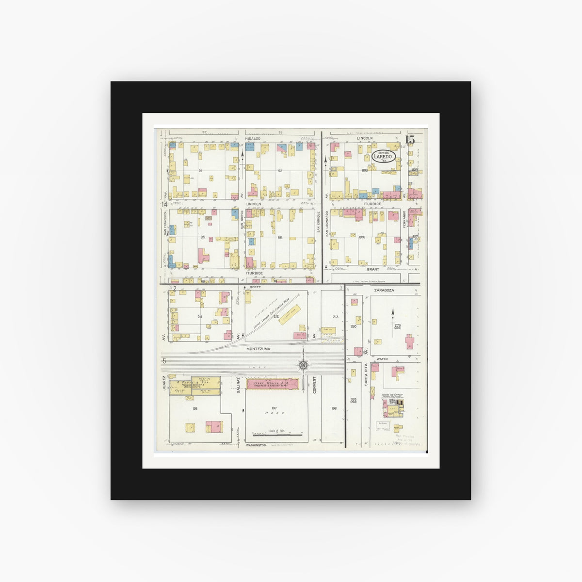 Old map wall art mockup — black gallery frame with white mat — Sanborn Fire Insurance Map from Laredo, Webb County, Texas (1916), Sheet #0015