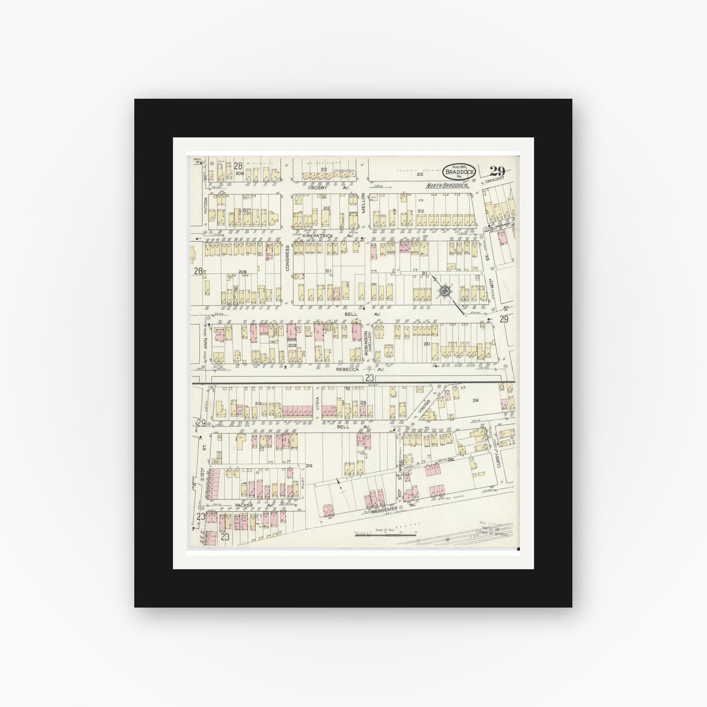 Old map wall art mockup — black gallery frame with white mat — Sanborn Fire Insurance Map from Braddock, Allegheny County, Pennsylvania (1914), Sheet #0029
