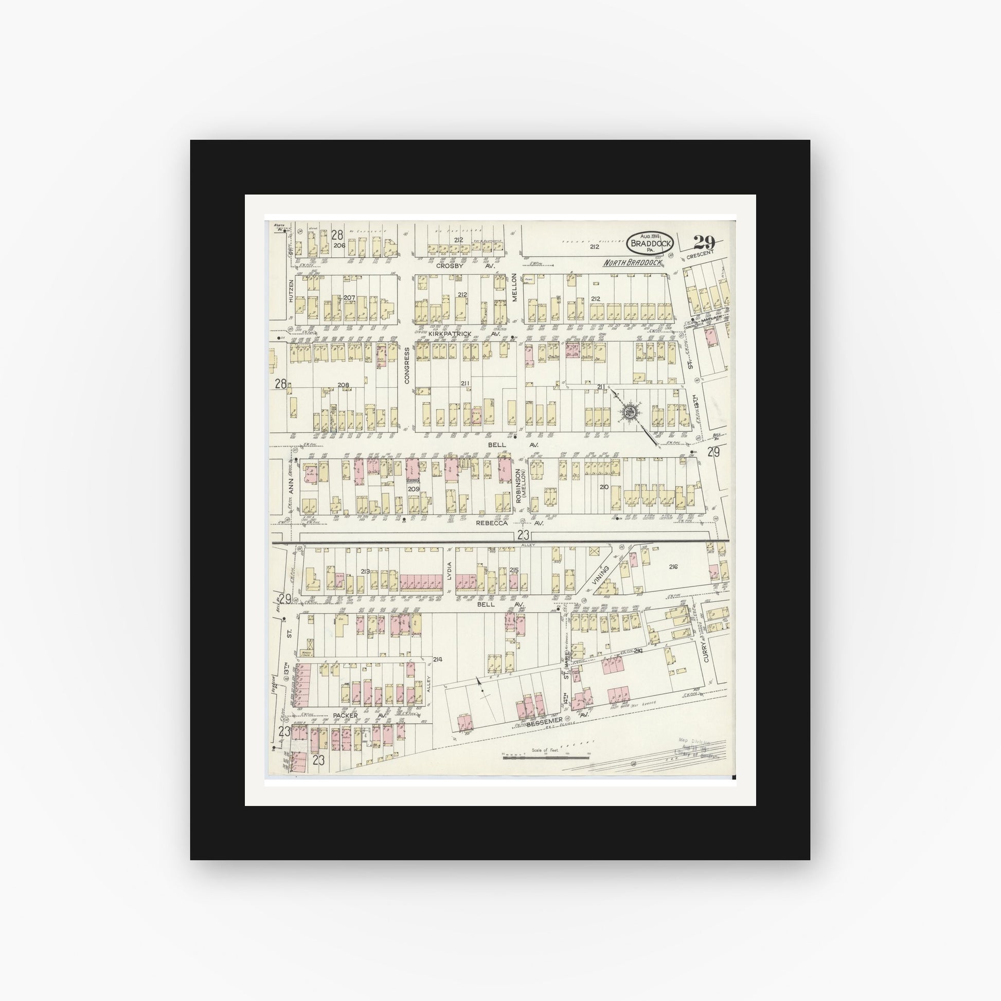 Old map wall art mockup — black gallery frame with white mat — Sanborn Fire Insurance Map from Braddock, Allegheny County, Pennsylvania (1914), Sheet #0029