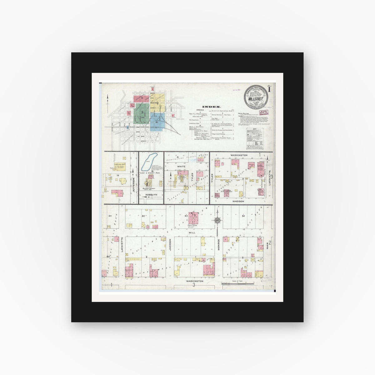 Old map wall art mockup — black gallery frame with white mat — Sanborn Fire Insurance Map from Millstadt, Saint Clair County, Illinois (1910) - Complete Map Set