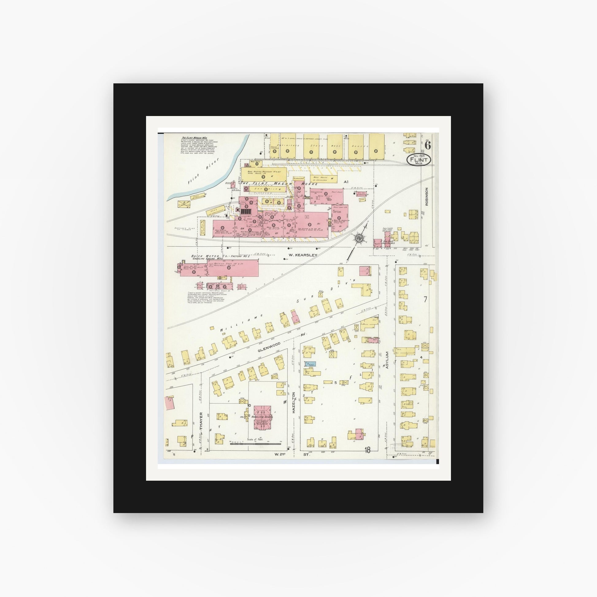 Old map wall art mockup — black gallery frame with white mat — Sanborn Fire Insurance Map from Flint, Genesee County, Michigan (1909), Sheet #0006