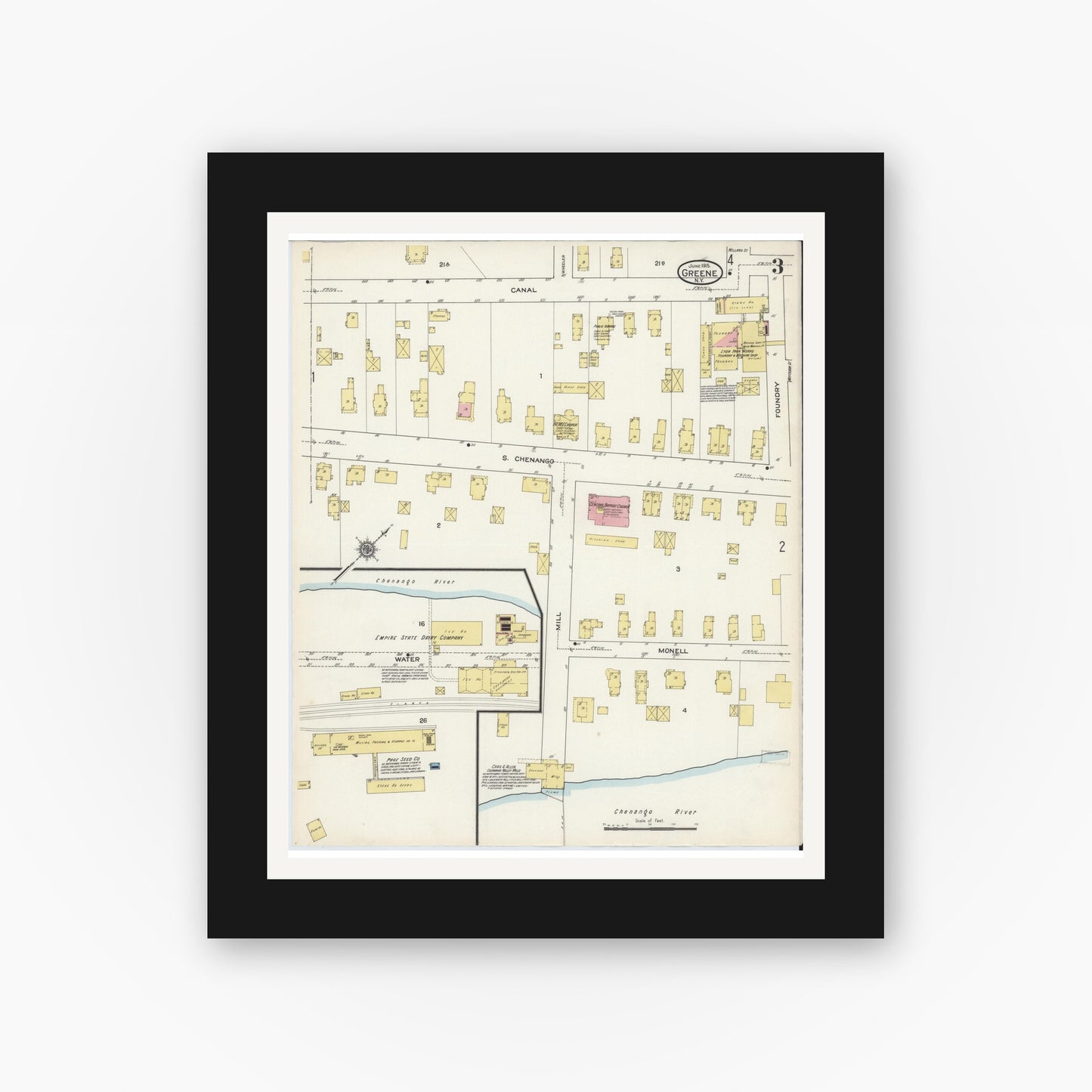 Old map wall art mockup — black gallery frame with white mat — Sanborn Fire Insurance Map from Greene, Chenango County, New York (1915), Sheet #0003