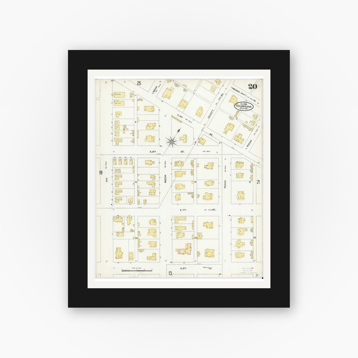 Old map wall art mockup — black gallery frame with white mat — Sanborn Fire Insurance Map from Texarkana, Bowie County, Texas (1905), Sheet #0020