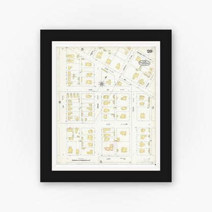 Old map wall art mockup — black gallery frame with white mat — Sanborn Fire Insurance Map from Texarkana, Bowie County, Texas (1905), Sheet #0020