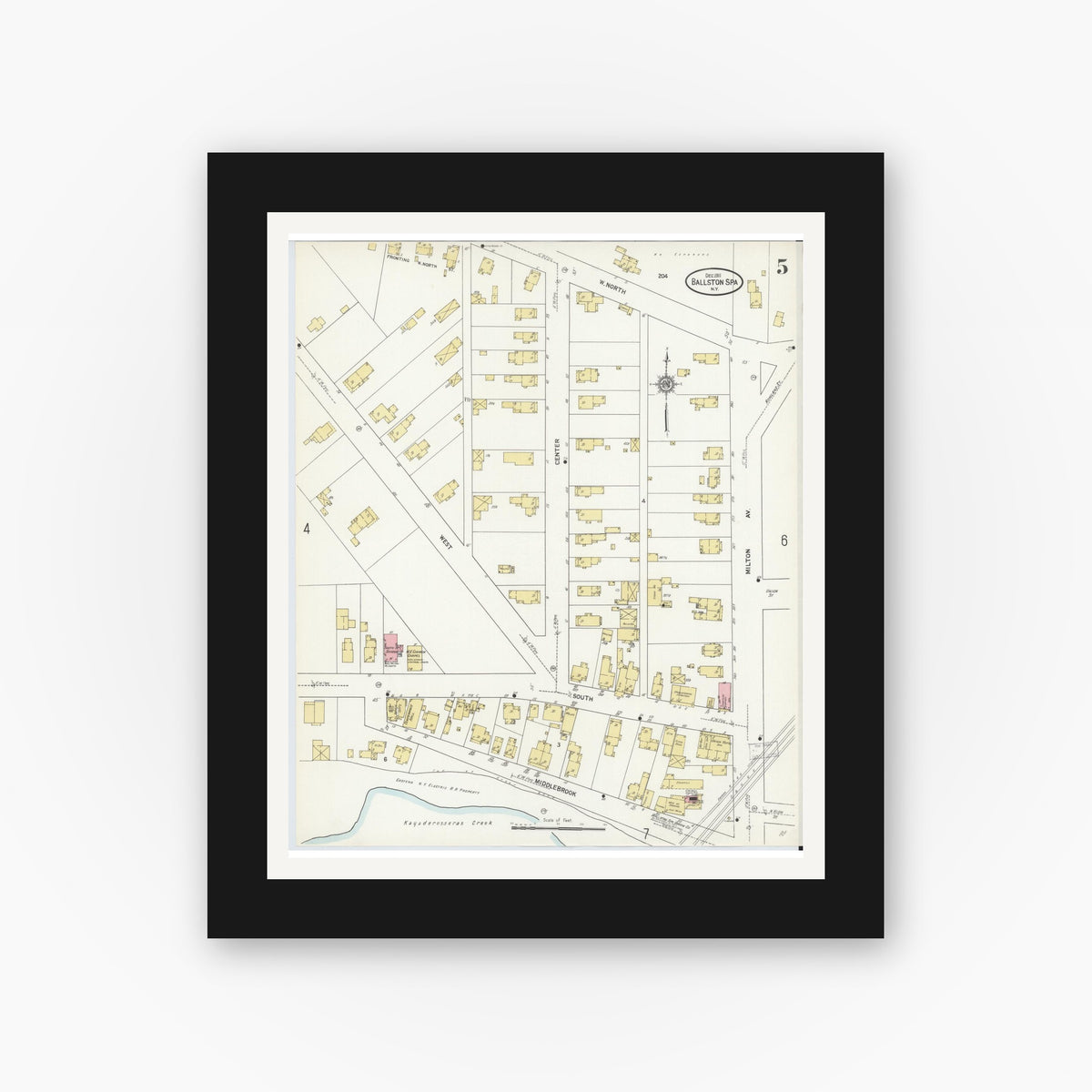 Old map wall art mockup — black gallery frame with white mat — Sanborn Fire Insurance Map from Ballston Spa, Saratoga County, New York (1911), Sheet #0005