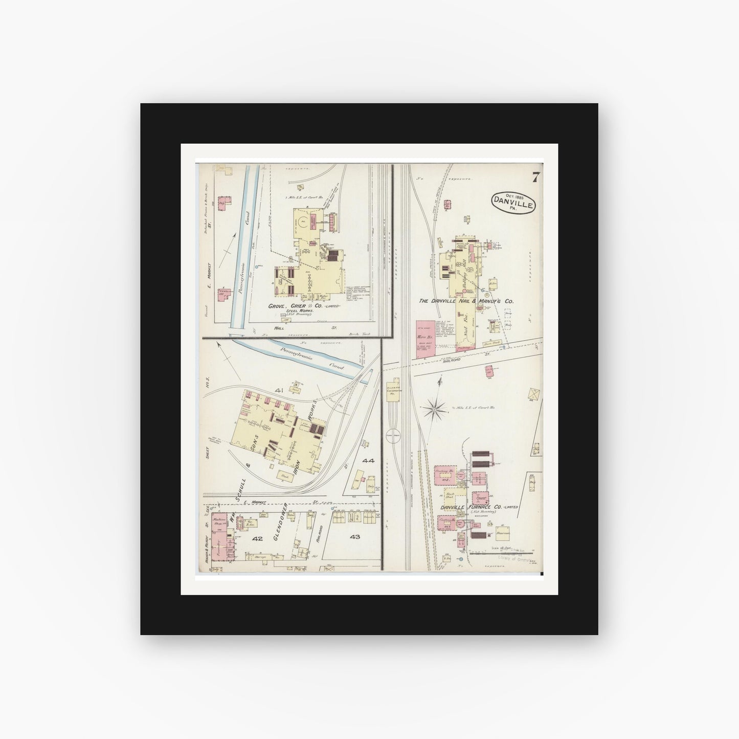 Old map wall art mockup — black gallery frame with white mat — Sanborn Fire Insurance Map from Danville, Montour County, Pennsylvania (1885), Sheet #0007