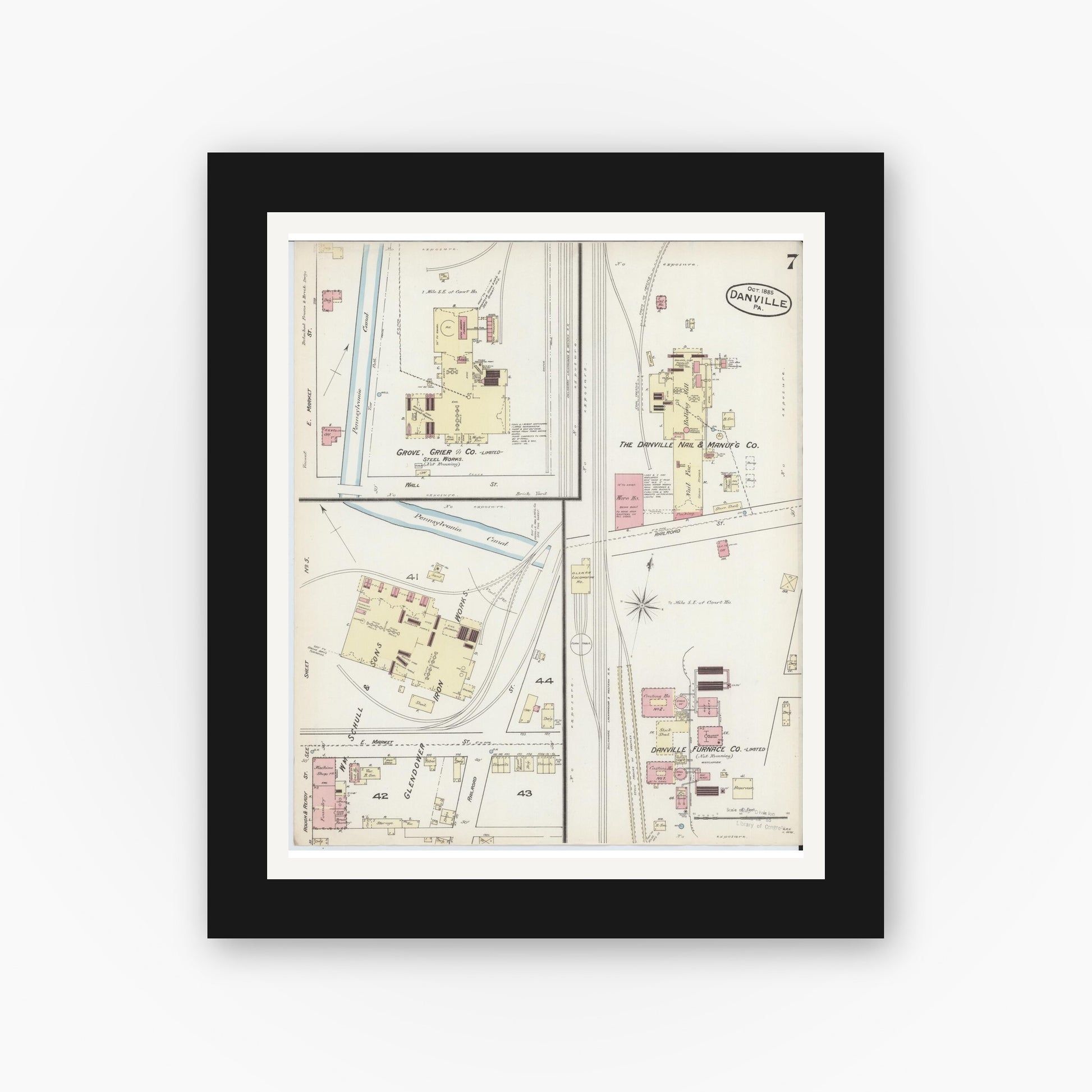 Old map wall art mockup — black gallery frame with white mat — Sanborn Fire Insurance Map from Danville, Montour County, Pennsylvania (1885), Sheet #0007