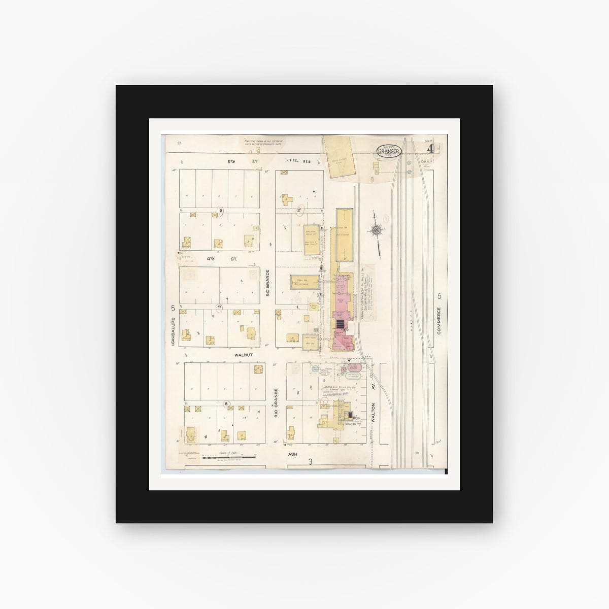 Old map wall art mockup — black gallery frame with white mat — Sanborn Fire Insurance Map from Granger, Williamson County, Texas (1940), Sheet #0004