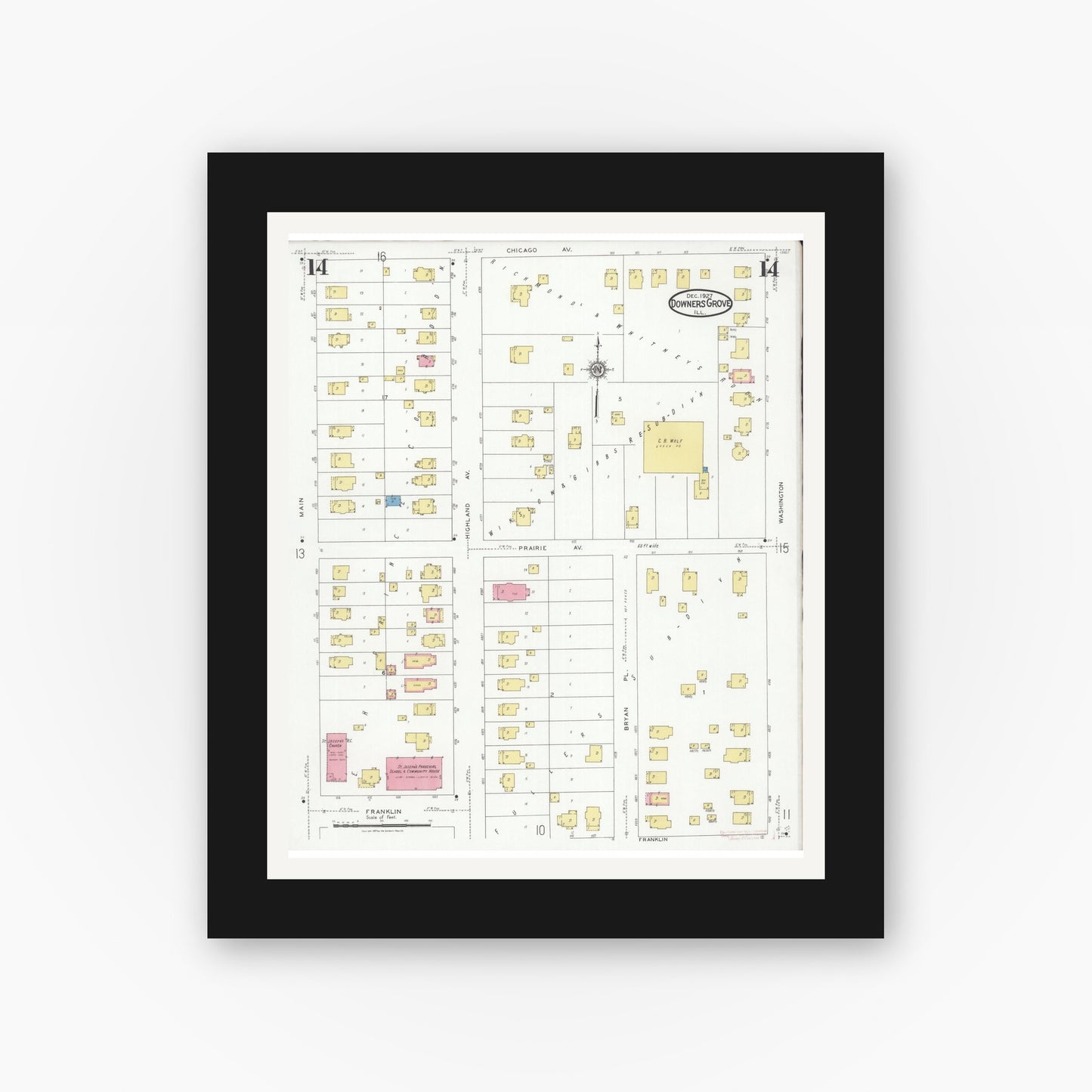 Old map wall art mockup — black gallery frame with white mat — Sanborn Fire Insurance Map from Downers Grove, Dupage County, Illinois (1927), Sheet #0014