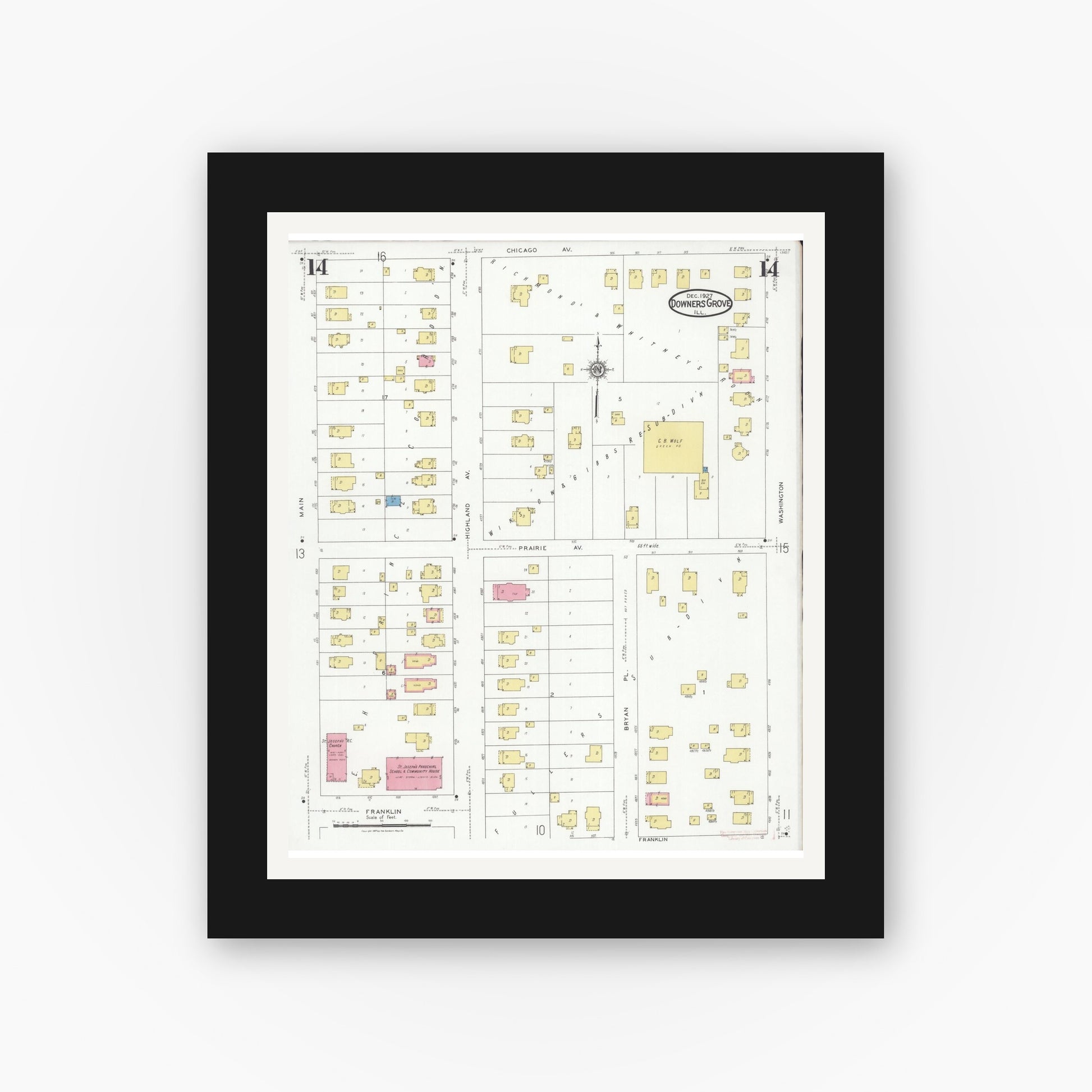 Old map wall art mockup — black gallery frame with white mat — Sanborn Fire Insurance Map from Downers Grove, Dupage County, Illinois (1927), Sheet #0014