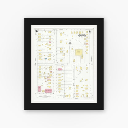 Old map wall art mockup — black gallery frame with white mat — Sanborn Fire Insurance Map from Downers Grove, Dupage County, Illinois (1927), Sheet #0014
